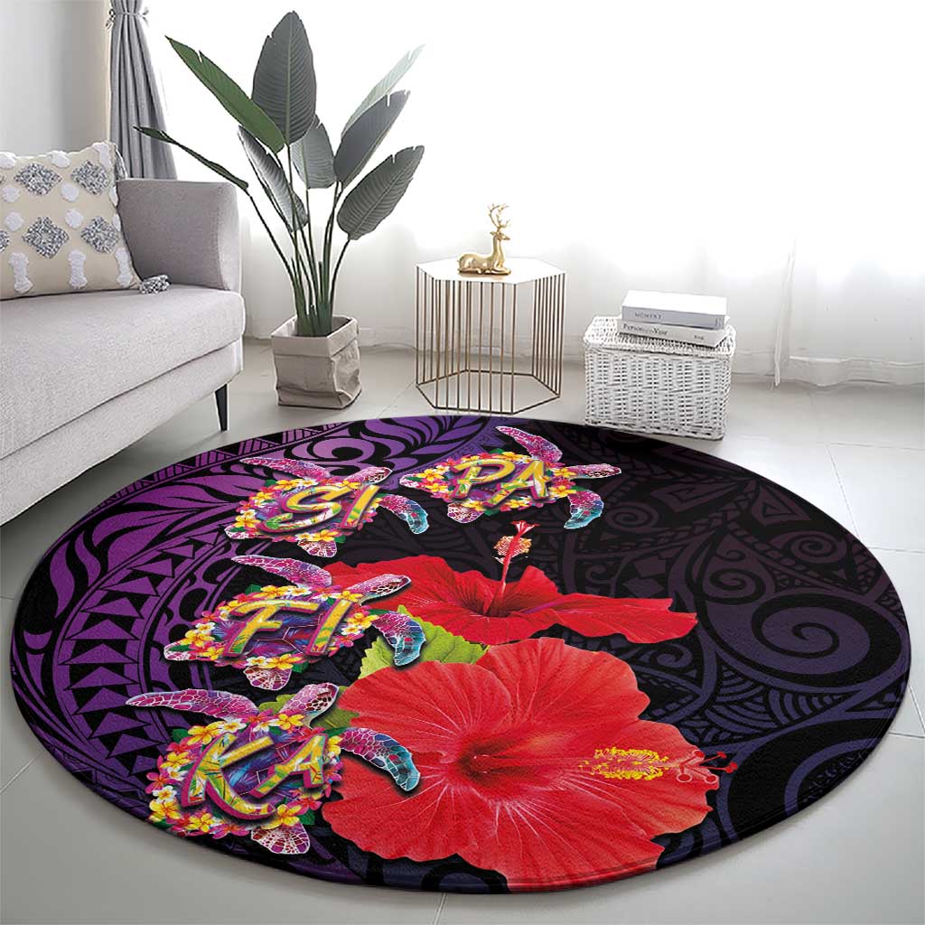 Pasifika Festival Round Carpet Plumeria Turtles with Hibiscus - Polynesian Art Tattoo Purple Color LT03 - Polynesian Pride