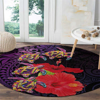 Pasifika Festival Round Carpet Plumeria Turtles with Hibiscus - Polynesian Art Tattoo Purple Color LT03 - Polynesian Pride
