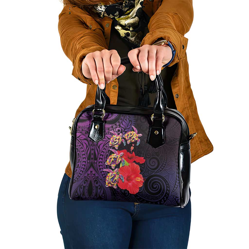 Pasifika Festival Shoulder Handbag Plumeria Turtles with Hibiscus - Polynesian Art Tattoo Purple Color LT03 One Size Purple - Polynesian Pride