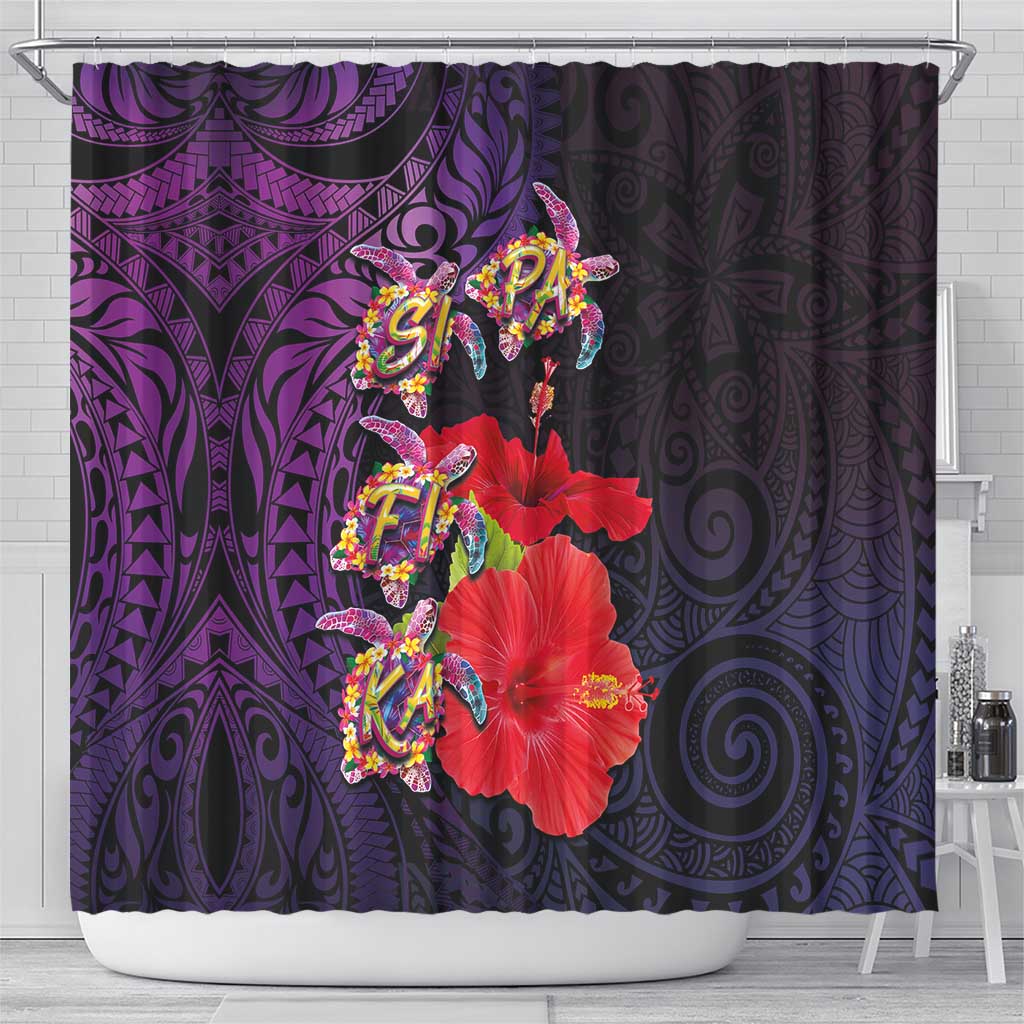 Pasifika Festival Shower Curtain Plumeria Turtles with Hibiscus - Polynesian Art Tattoo Purple Color LT03 - Polynesian Pride