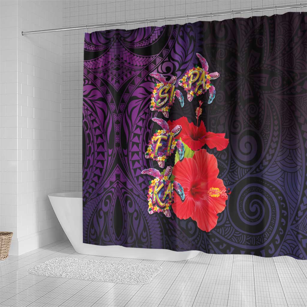 Pasifika Festival Shower Curtain Plumeria Turtles with Hibiscus - Polynesian Art Tattoo Purple Color LT03 - Polynesian Pride