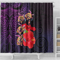 Pasifika Festival Shower Curtain Plumeria Turtles with Hibiscus - Polynesian Art Tattoo Purple Color LT03 - Polynesian Pride
