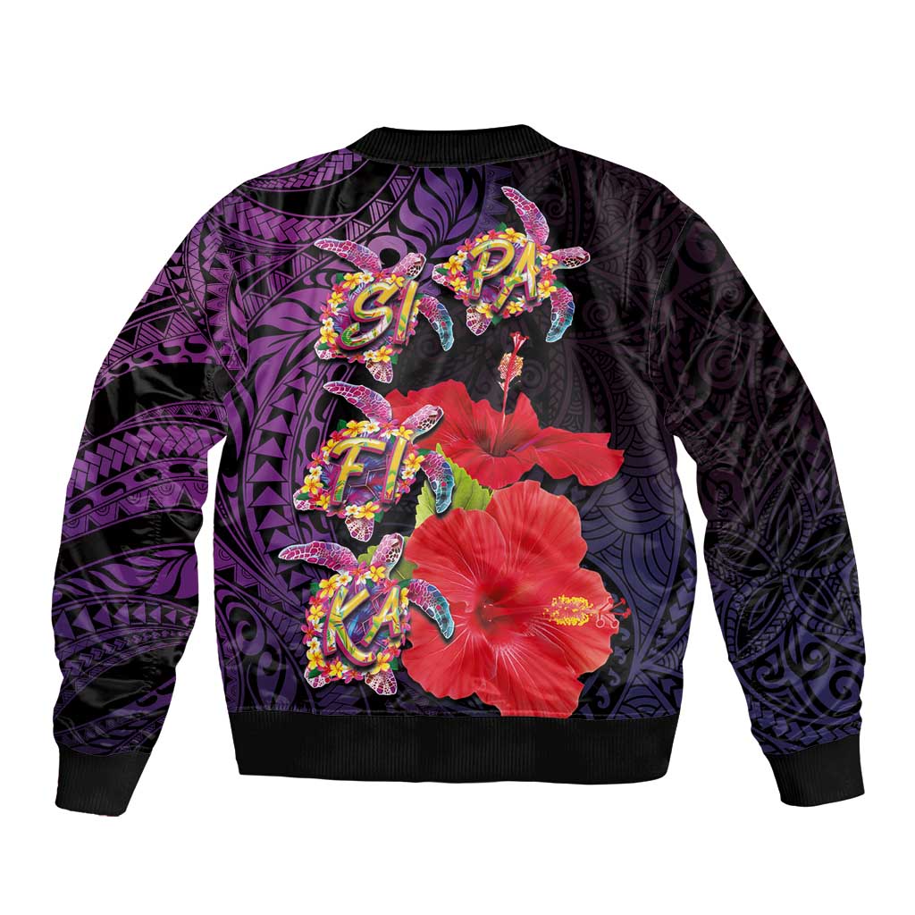 Pasifika Festival Sleeve Zip Bomber Jacket Plumeria Turtles with Hibiscus - Polynesian Art Tattoo Purple Color LT03 - Polynesian Pride
