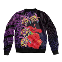 Pasifika Festival Sleeve Zip Bomber Jacket Plumeria Turtles with Hibiscus - Polynesian Art Tattoo Purple Color LT03 - Polynesian Pride