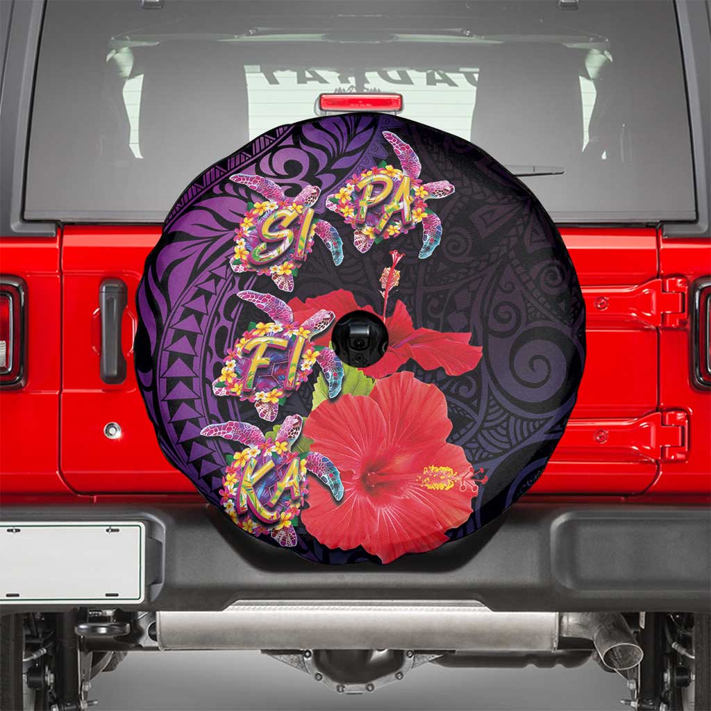 Pasifika Festival Spare Tire Cover Plumeria Turtles with Hibiscus - Polynesian Art Tattoo Purple Color LT03 - Polynesian Pride