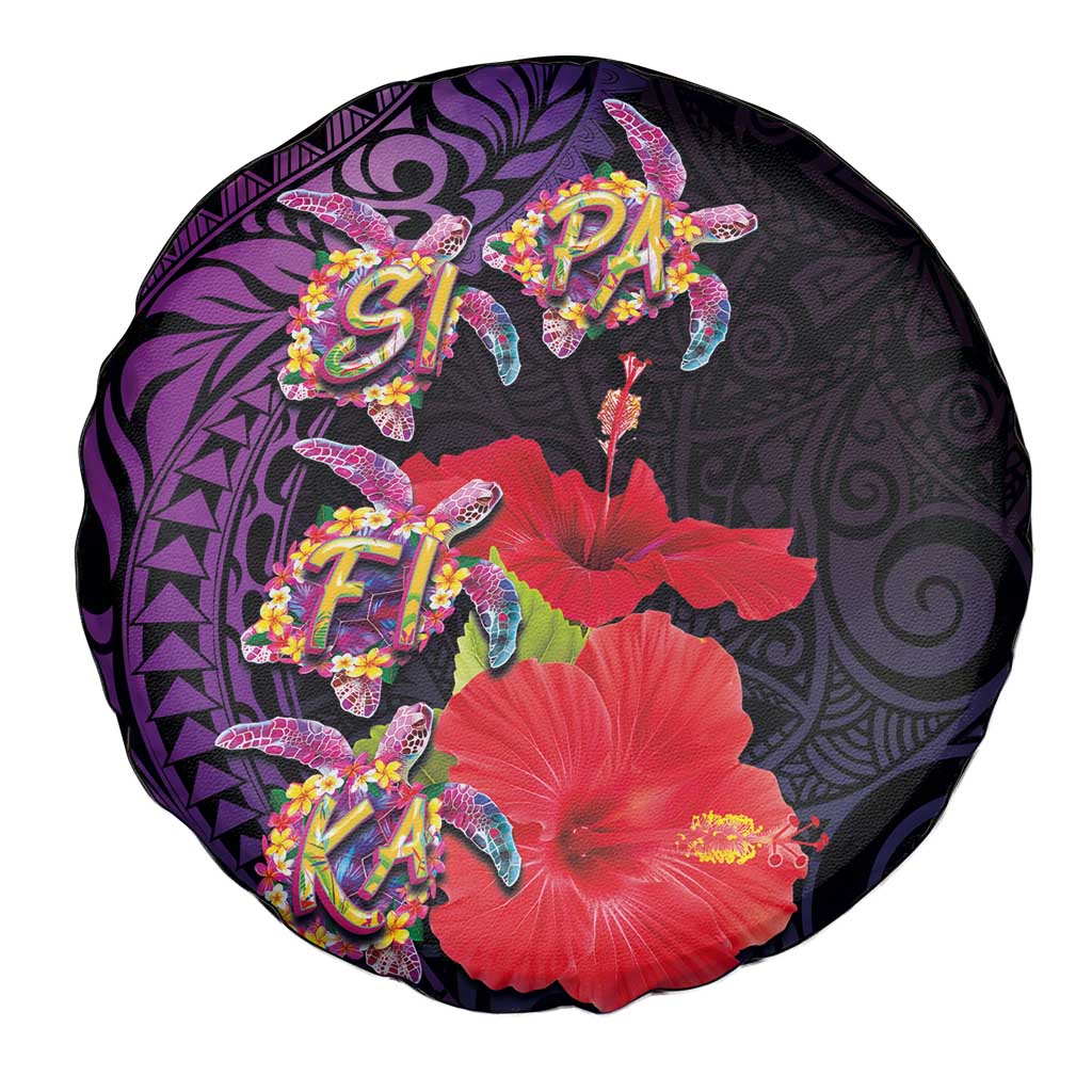 Pasifika Festival Spare Tire Cover Plumeria Turtles with Hibiscus - Polynesian Art Tattoo Purple Color LT03 - Polynesian Pride