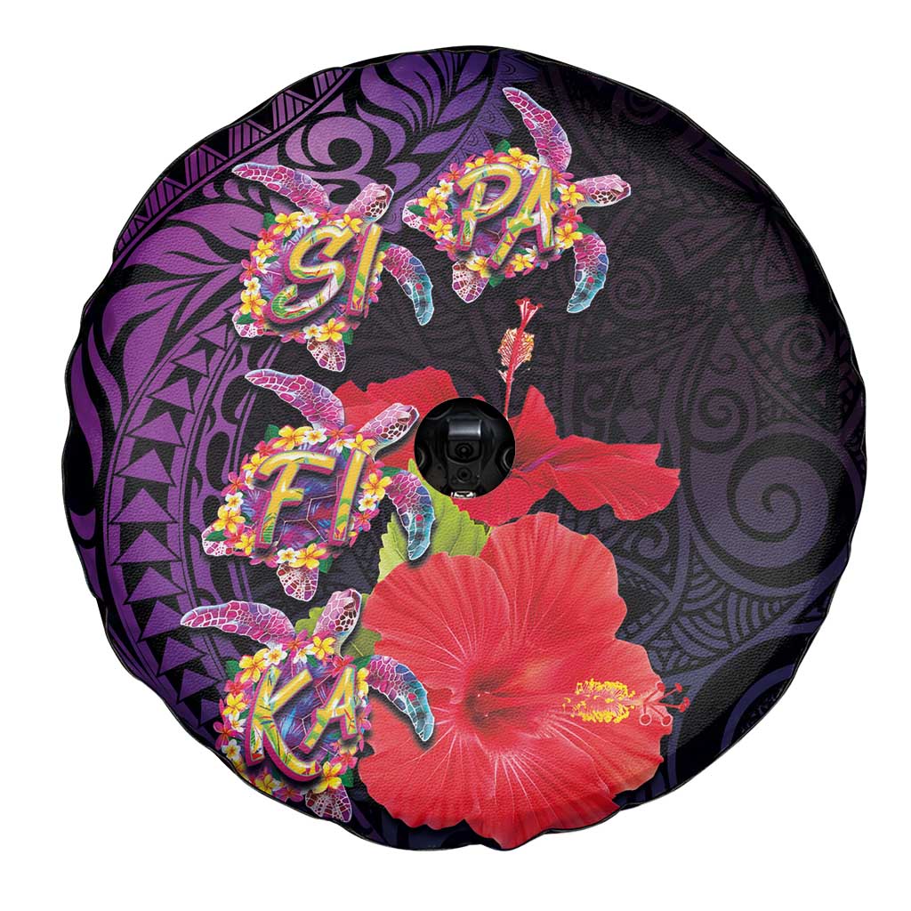 Pasifika Festival Spare Tire Cover Plumeria Turtles with Hibiscus - Polynesian Art Tattoo Purple Color LT03 - Polynesian Pride