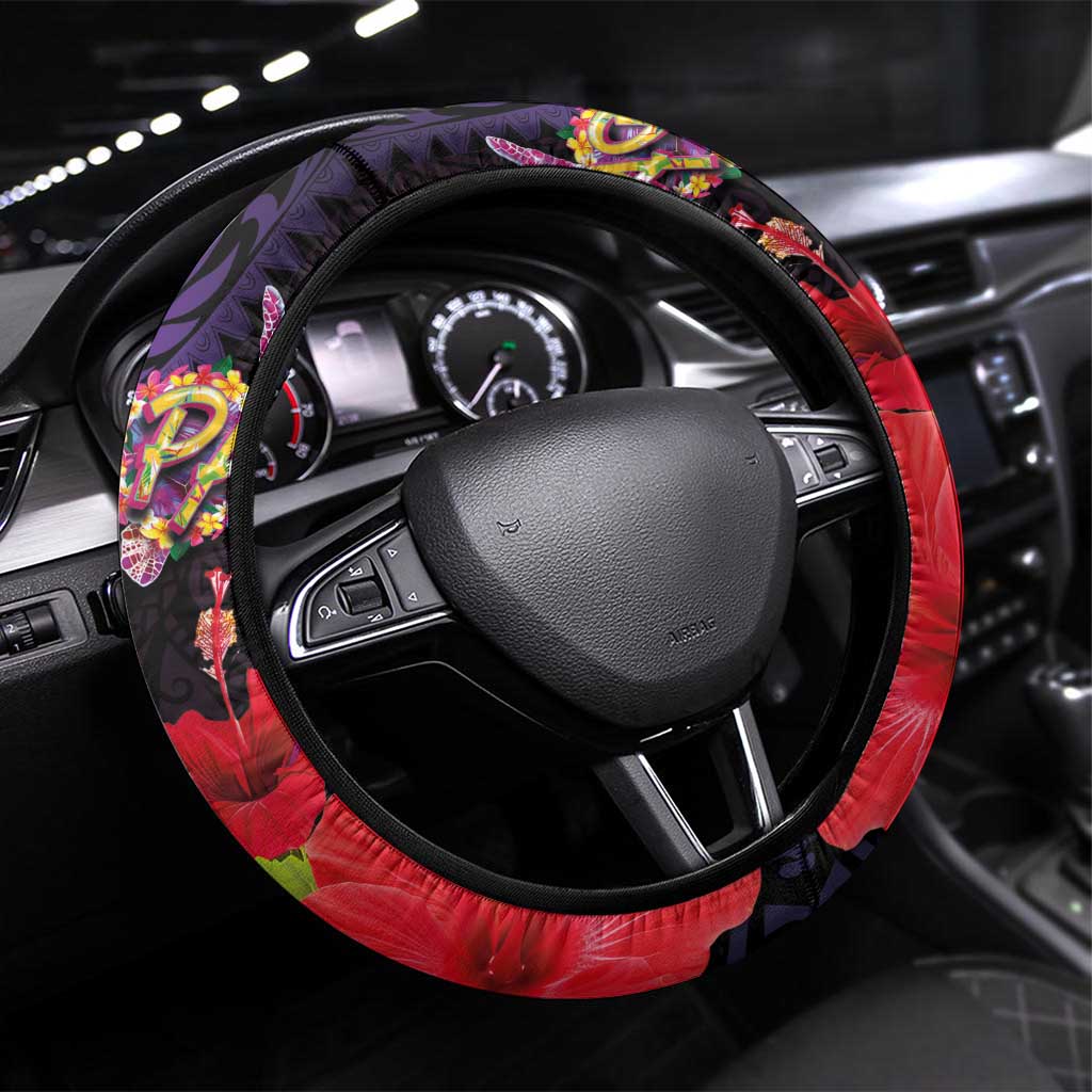 Pasifika Festival Steering Wheel Cover Plumeria Turtles with Hibiscus - Polynesian Art Tattoo Purple Color LT03 Universal Fit Purple - Polynesian Pride