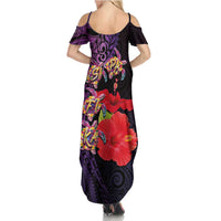 Pasifika Festival Summer Maxi Dress Plumeria Turtles with Hibiscus - Polynesian Art Tattoo Purple Color