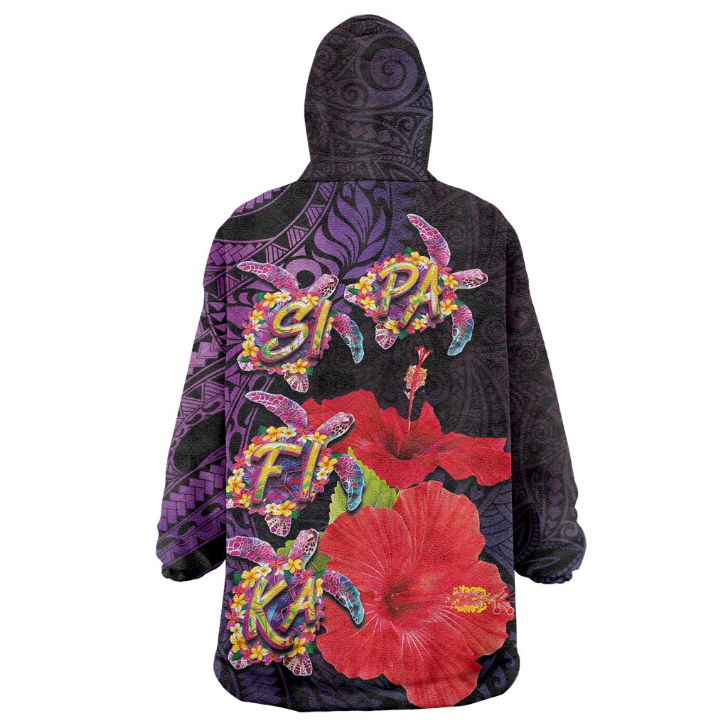 Pasifika Festival Wearable Blanket Hoodie Plumeria Turtles with Hibiscus - Polynesian Art Tattoo Purple Color LT03 - Polynesian Pride