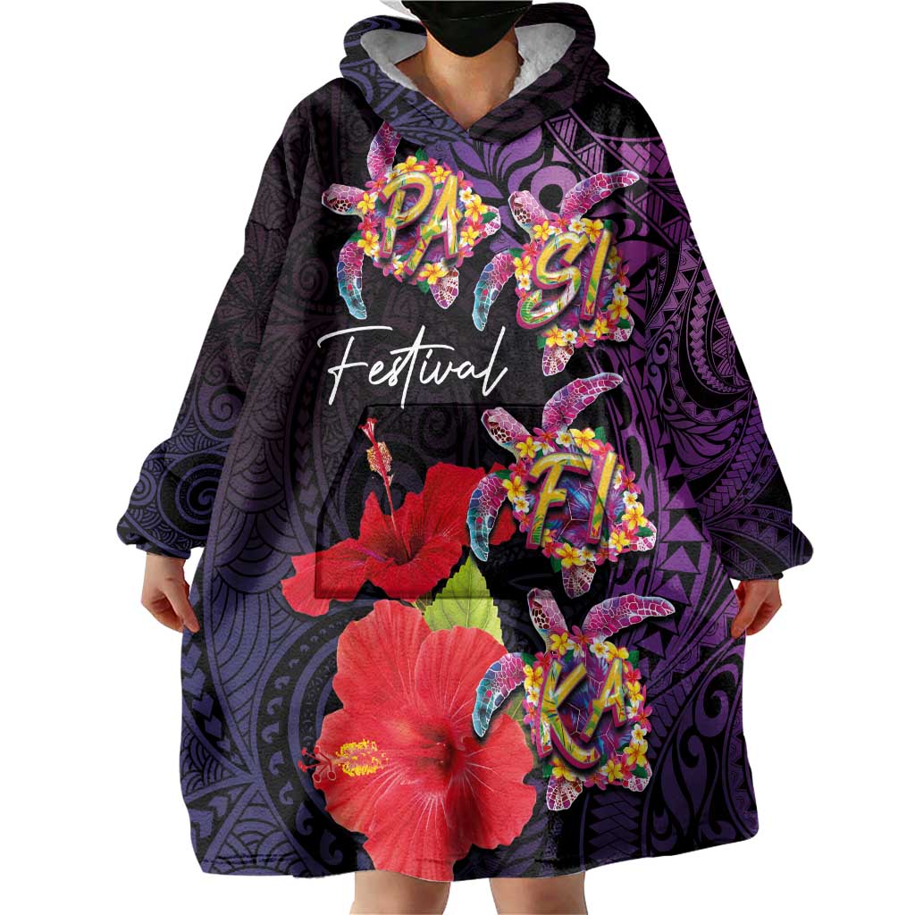 Pasifika Festival Wearable Blanket Hoodie Plumeria Turtles with Hibiscus - Polynesian Art Tattoo Purple Color LT03 - Polynesian Pride