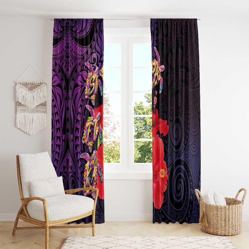 Pasifika Festival Window Curtain Plumeria Turtles with Hibiscus - Polynesian Art Tattoo Purple Color LT03 - Polynesian Pride