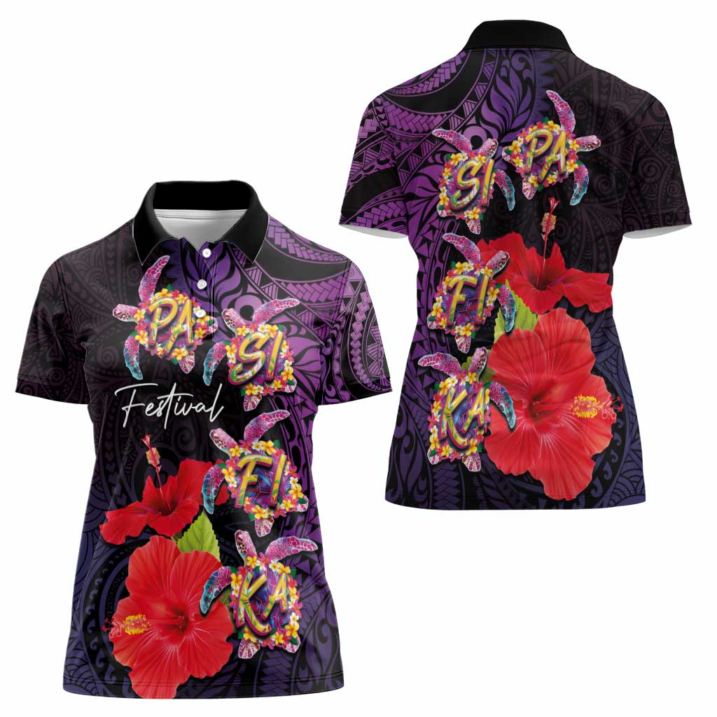Pasifika Festival Women Polo Shirt Plumeria Turtles with Hibiscus - Polynesian Art Tattoo Purple Color