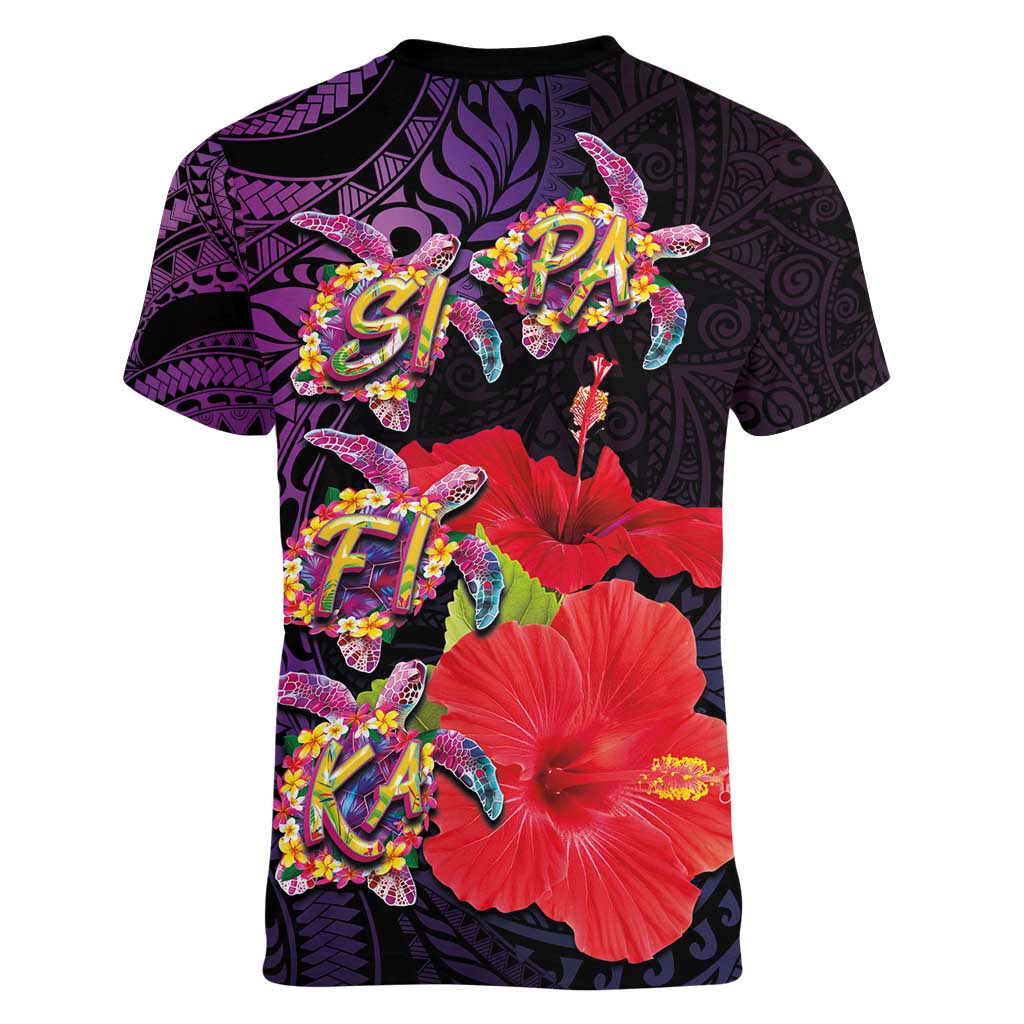 Pasifika Festival Women V-Neck T-Shirt Plumeria Turtles with Hibiscus - Polynesian Art Tattoo Purple Color LT03 - Polynesian Pride