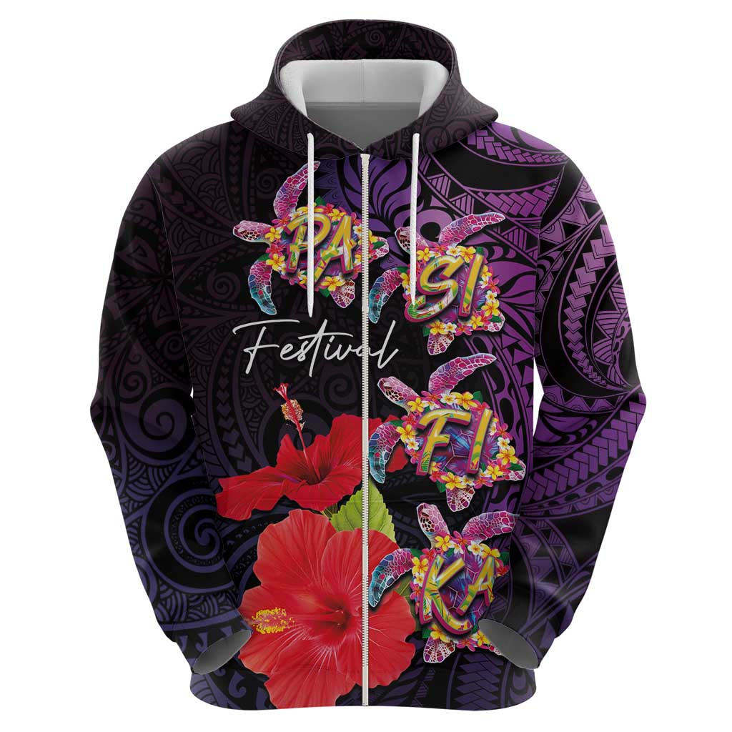 Pasifika Festival Zip Hoodie Plumeria Turtles with Hibiscus - Polynesian Art Tattoo Purple Color LT03 - Polynesian Pride