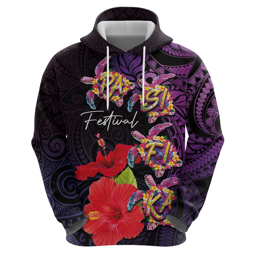 Pasifika Festival Zip Hoodie Plumeria Turtles with Hibiscus - Polynesian Art Tattoo Purple Color LT03 - Polynesian Pride