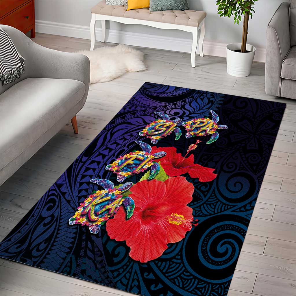 Pasifika Festival Area Rug Plumeria Turtles with Hibiscus - Polynesian Art Tattoo Dark Navy Color LT03 - Polynesian Pride
