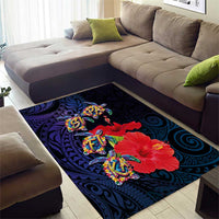 Pasifika Festival Area Rug Plumeria Turtles with Hibiscus - Polynesian Art Tattoo Dark Navy Color LT03 - Polynesian Pride