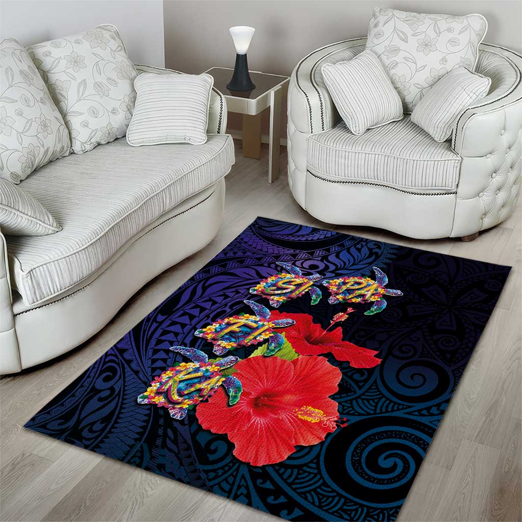 Pasifika Festival Area Rug Plumeria Turtles with Hibiscus - Polynesian Art Tattoo Dark Navy Color LT03 - Polynesian Pride