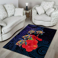 Pasifika Festival Area Rug Plumeria Turtles with Hibiscus - Polynesian Art Tattoo Dark Navy Color LT03 - Polynesian Pride
