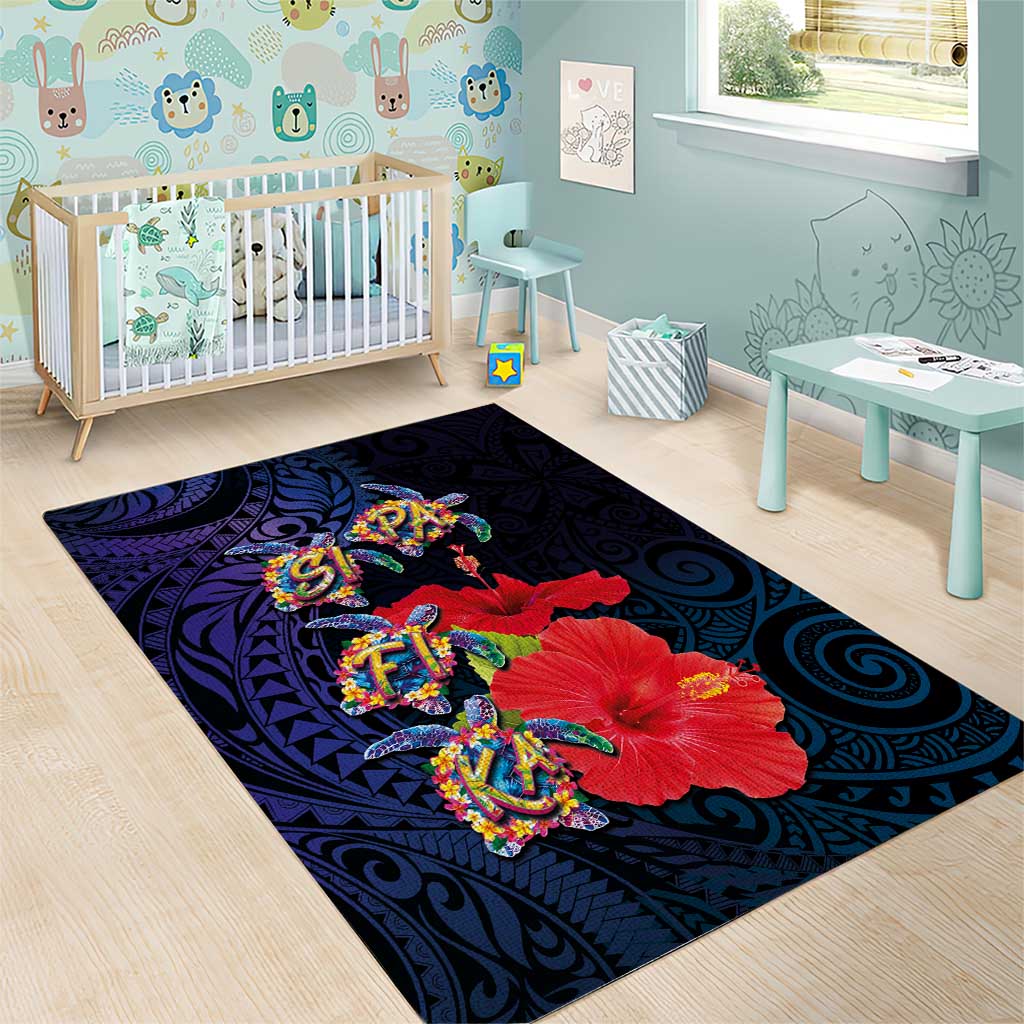 Pasifika Festival Area Rug Plumeria Turtles with Hibiscus - Polynesian Art Tattoo Dark Navy Color LT03 - Polynesian Pride