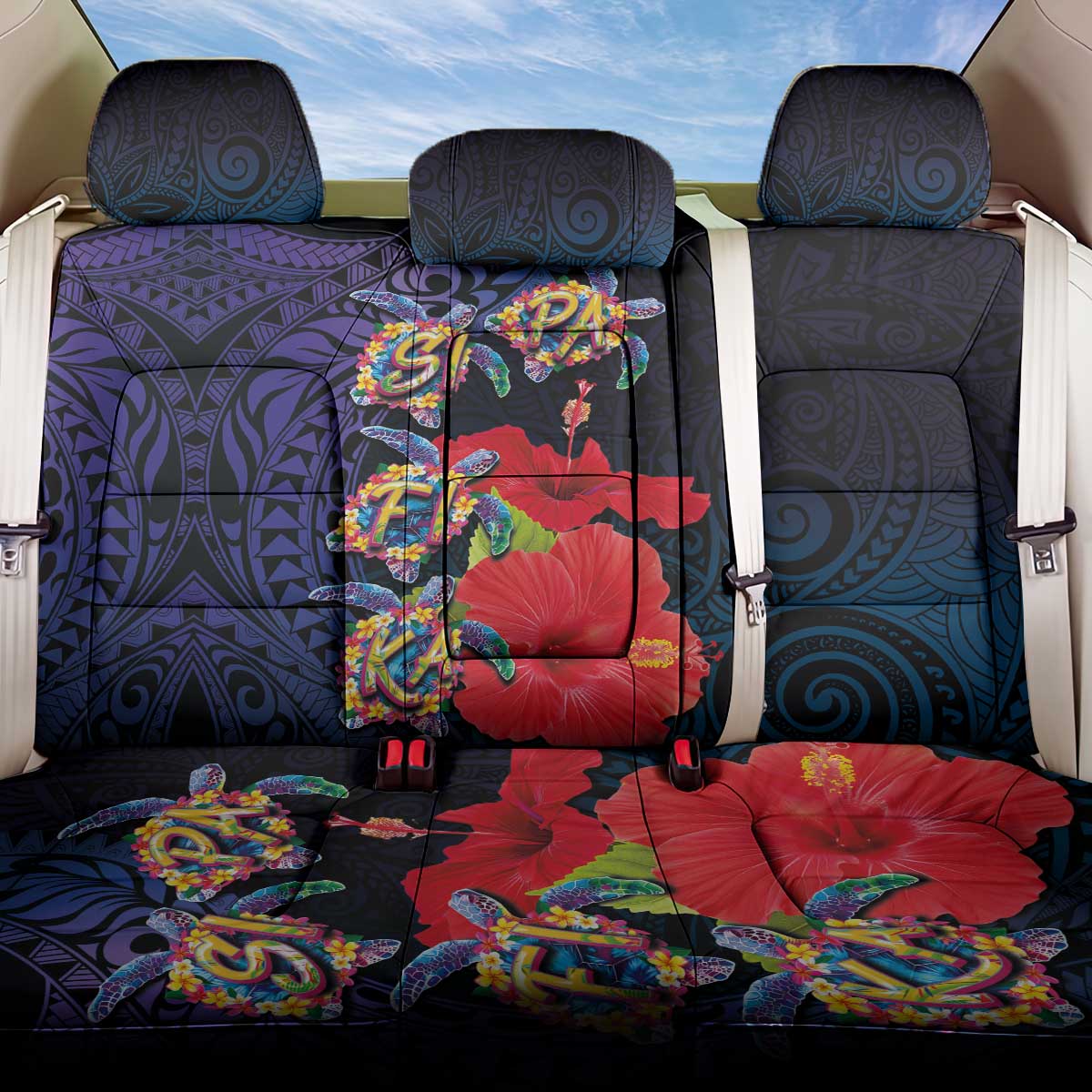 Pasifika Festival Back Car Seat Cover Plumeria Turtles with Hibiscus - Polynesian Art Tattoo Dark Navy Color LT03 One Size Dark Navy - Polynesian Pride