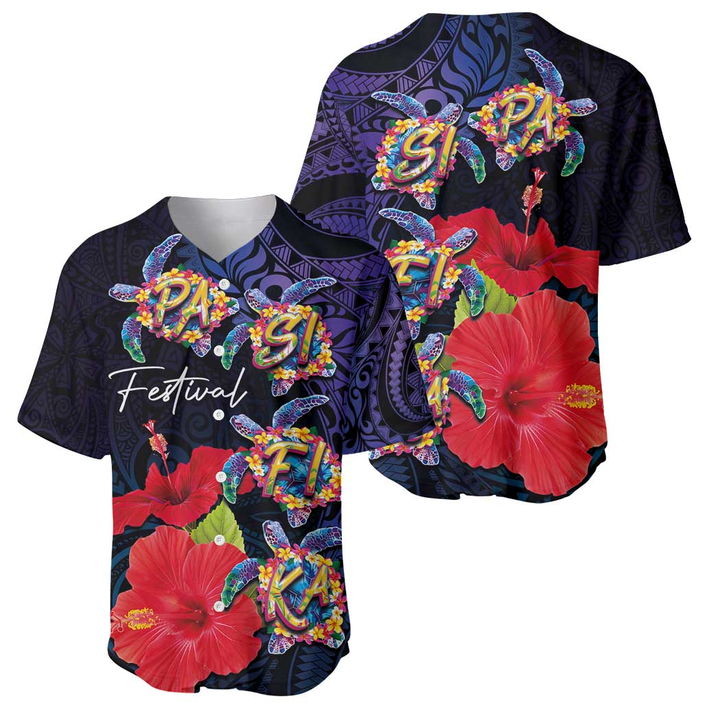Pasifika Festival Baseball Jersey Plumeria Turtles with Hibiscus - Polynesian Art Tattoo Dark Navy Color LT03 - Polynesian Pride