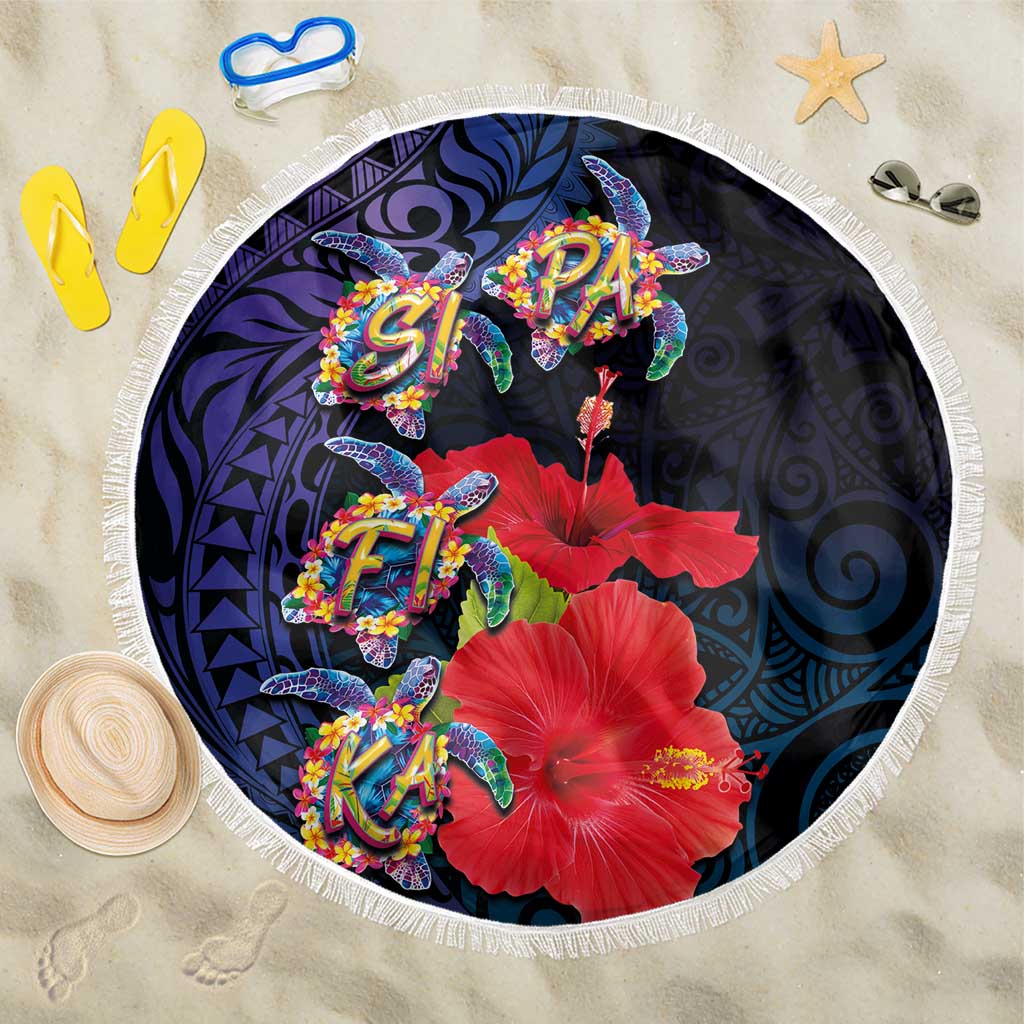 Pasifika Festival Beach Blanket Plumeria Turtles with Hibiscus - Polynesian Art Tattoo Dark Navy Color LT03 One Size 150cm Dark Navy - Polynesian Pride