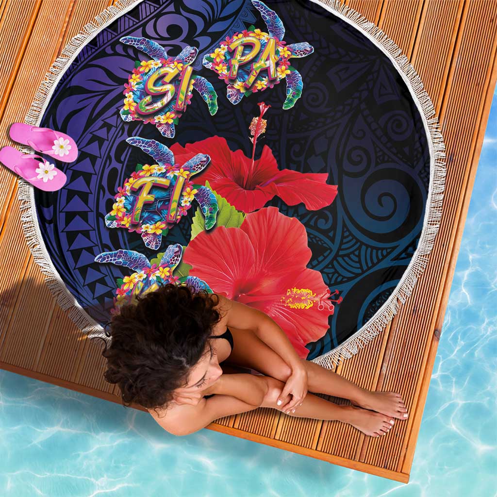 Pasifika Festival Beach Blanket Plumeria Turtles with Hibiscus - Polynesian Art Tattoo Dark Navy Color LT03 - Polynesian Pride