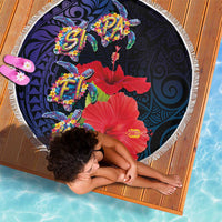 Pasifika Festival Beach Blanket Plumeria Turtles with Hibiscus - Polynesian Art Tattoo Dark Navy Color LT03 - Polynesian Pride