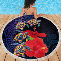 Pasifika Festival Beach Blanket Plumeria Turtles with Hibiscus - Polynesian Art Tattoo Dark Navy Color LT03 - Polynesian Pride