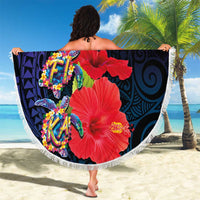 Pasifika Festival Beach Blanket Plumeria Turtles with Hibiscus - Polynesian Art Tattoo Dark Navy Color LT03 - Polynesian Pride