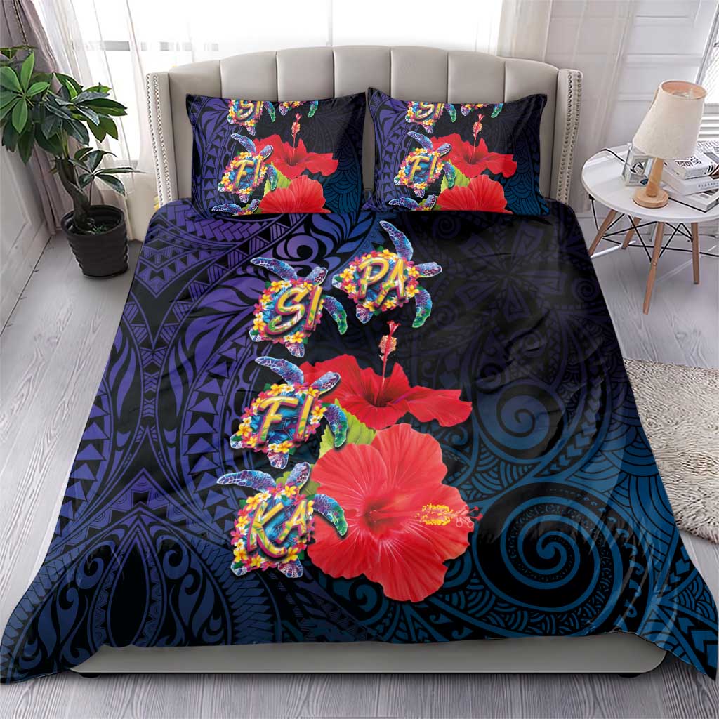 Pasifika Festival Bedding Set Plumeria Turtles with Hibiscus - Polynesian Art Tattoo Dark Navy Color LT03 - Polynesian Pride