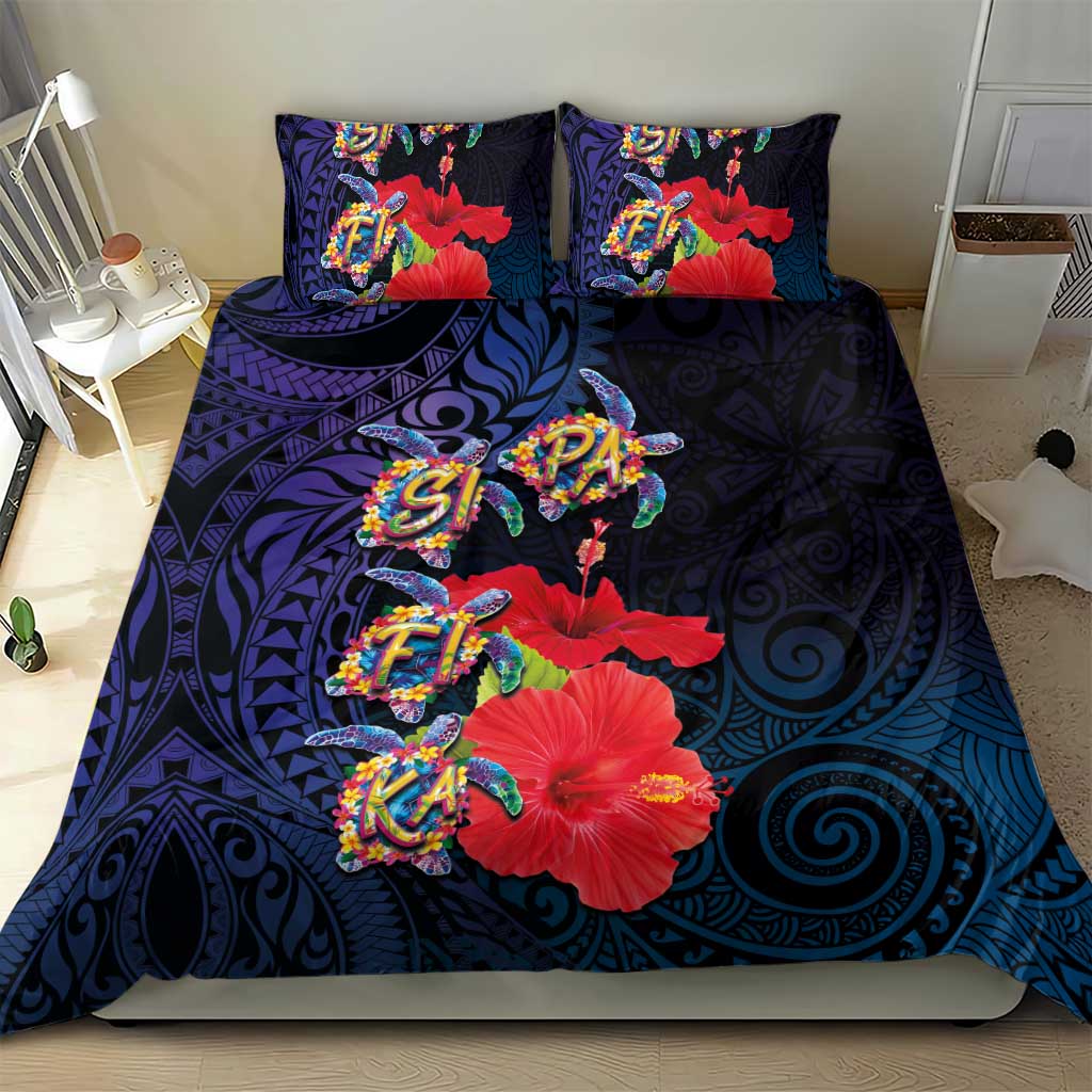 Pasifika Festival Bedding Set Plumeria Turtles with Hibiscus - Polynesian Art Tattoo Dark Navy Color LT03 - Polynesian Pride