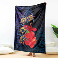 Pasifika Festival Blanket Plumeria Turtles with Hibiscus - Polynesian Art Tattoo Dark Navy Color LT03 - Polynesian Pride