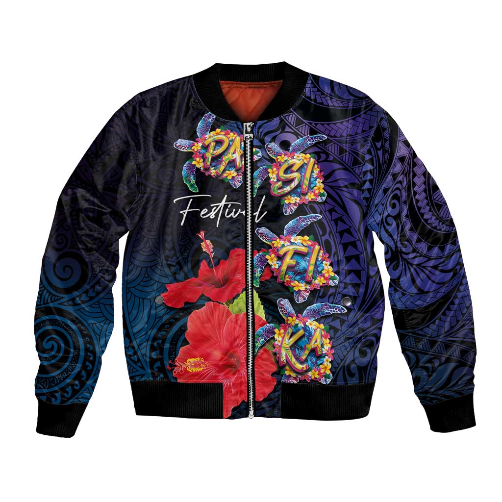 Pasifika Festival Bomber Jacket Plumeria Turtles with Hibiscus - Polynesian Art Tattoo Dark Navy Color LT03 Unisex Dark Navy - Polynesian Pride
