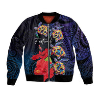 Pasifika Festival Bomber Jacket Plumeria Turtles with Hibiscus - Polynesian Art Tattoo Dark Navy Color LT03 Unisex Dark Navy - Polynesian Pride