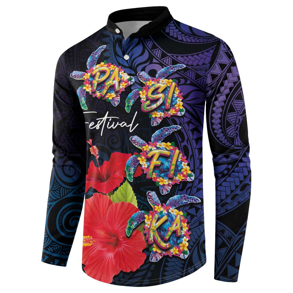 Pasifika Festival Button Sweatshirt Plumeria Turtles with Hibiscus - Polynesian Art Tattoo Dark Navy Color LT03 - Polynesian Pride