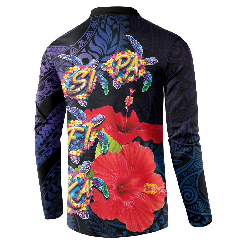 Pasifika Festival Button Sweatshirt Plumeria Turtles with Hibiscus - Polynesian Art Tattoo Dark Navy Color LT03 - Polynesian Pride
