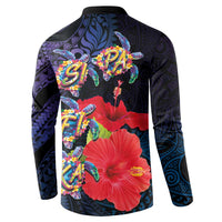 Pasifika Festival Button Sweatshirt Plumeria Turtles with Hibiscus - Polynesian Art Tattoo Dark Navy Color LT03 - Polynesian Pride