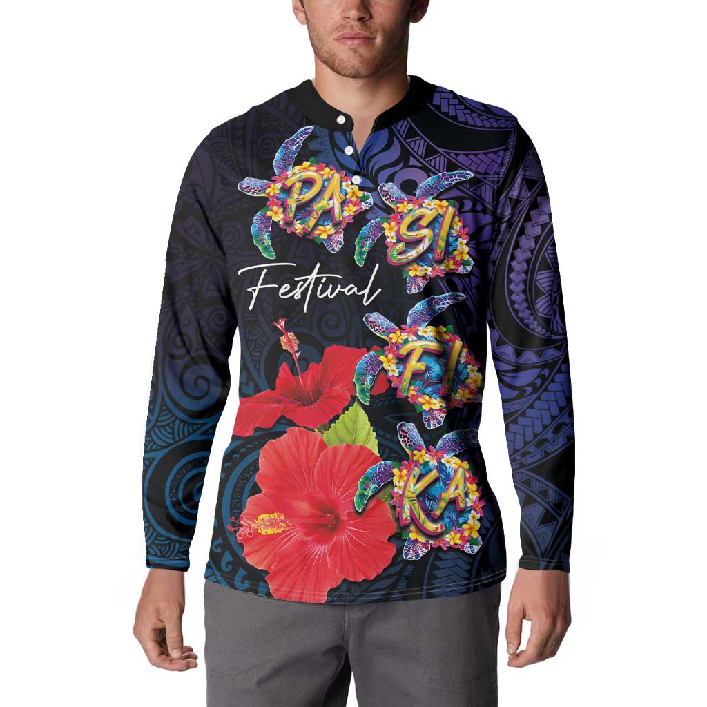 Pasifika Festival Button Sweatshirt Plumeria Turtles with Hibiscus - Polynesian Art Tattoo Dark Navy Color LT03 - Polynesian Pride