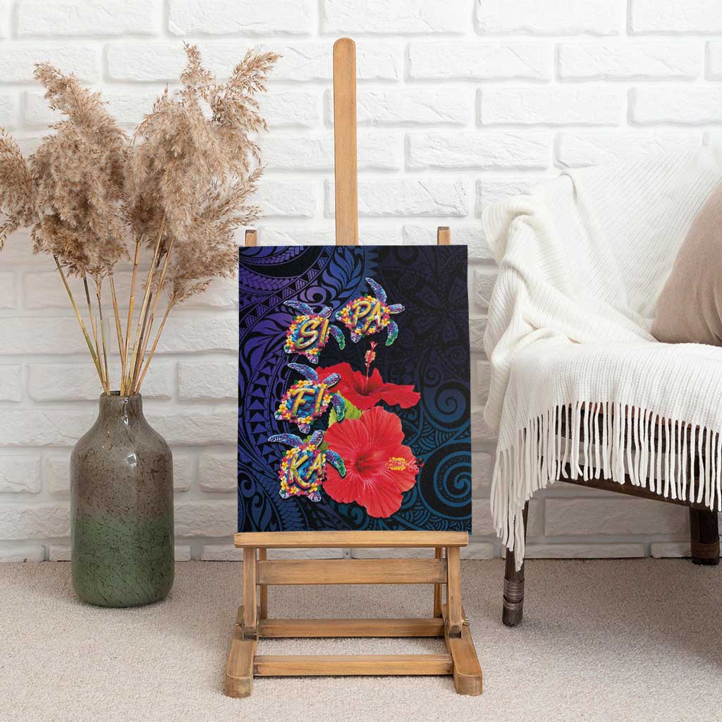 Pasifika Festival Canvas Wall Art Plumeria Turtles with Hibiscus - Polynesian Art Tattoo Dark Navy Color LT03 - Polynesian Pride