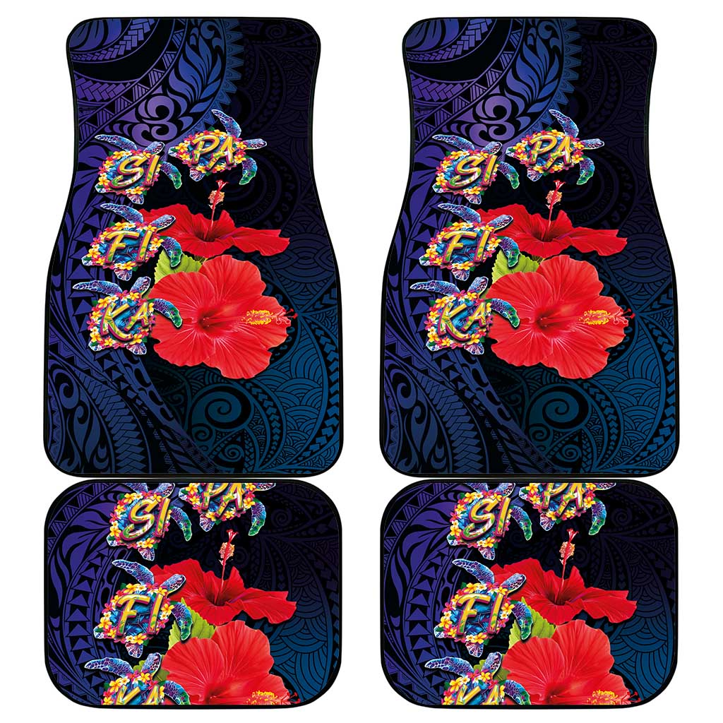 Pasifika Festival Car Mats Plumeria Turtles with Hibiscus - Polynesian Art Tattoo Dark Navy Color LT03 - Polynesian Pride