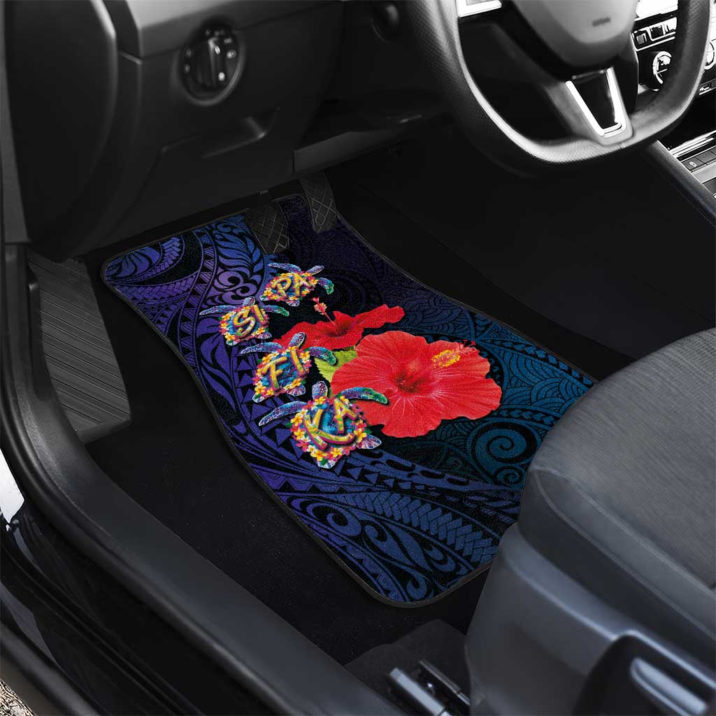 Pasifika Festival Car Mats Plumeria Turtles with Hibiscus - Polynesian Art Tattoo Dark Navy Color LT03 - Polynesian Pride