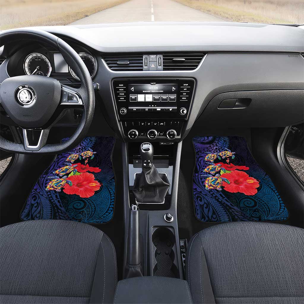 Pasifika Festival Car Mats Plumeria Turtles with Hibiscus - Polynesian Art Tattoo Dark Navy Color LT03 Set 2pcs - Front Dark Navy - Polynesian Pride