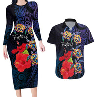 Pasifika Festival Couples Matching Long Sleeve Bodycon Dress and Hawaiian Shirt Plumeria Turtles with Hibiscus - Polynesian Art Tattoo Dark Navy Color LT03 Dark Navy - Polynesian Pride