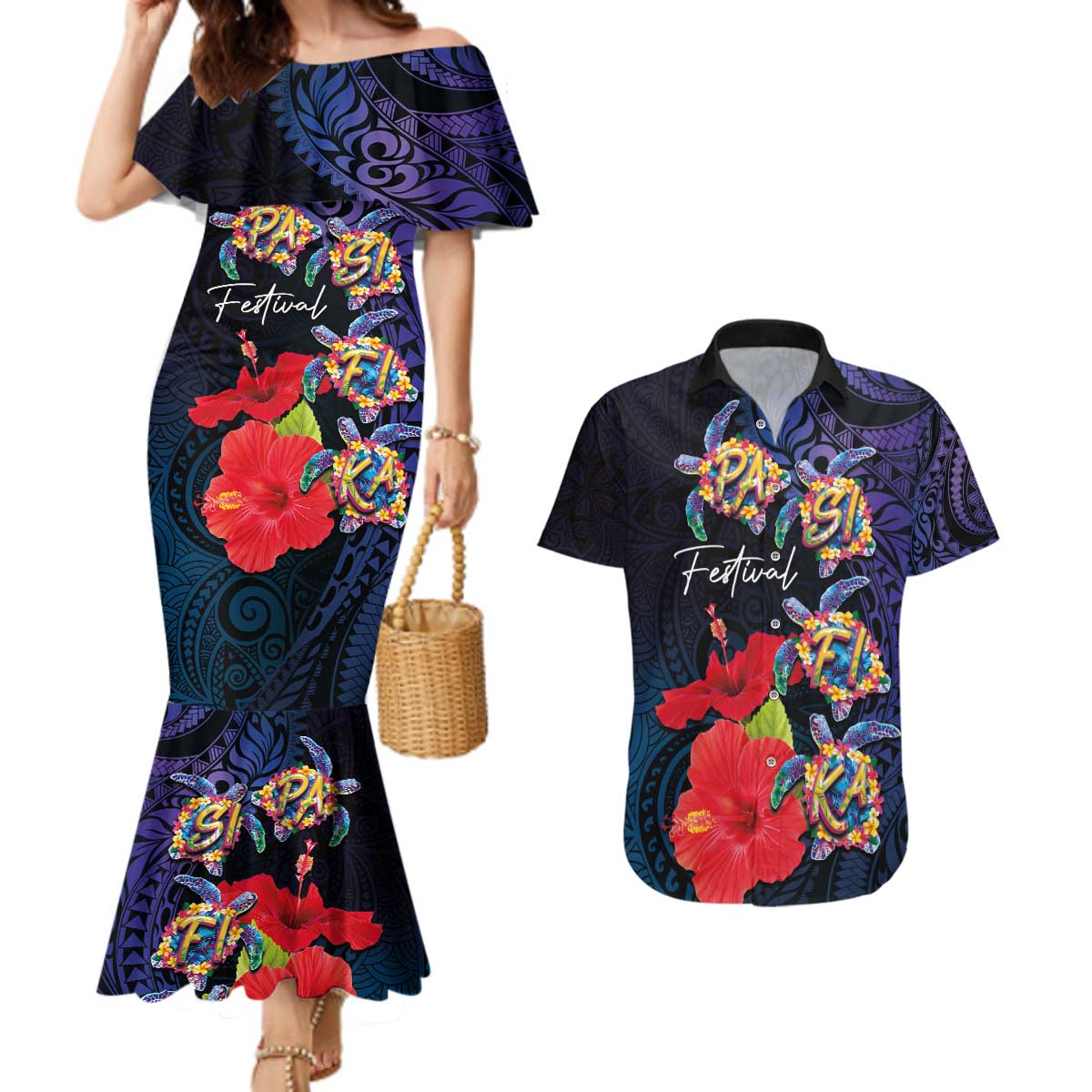 Pasifika Festival Couples Matching Mermaid Dress and Hawaiian Shirt Plumeria Turtles with Hibiscus - Polynesian Art Tattoo Dark Navy Color