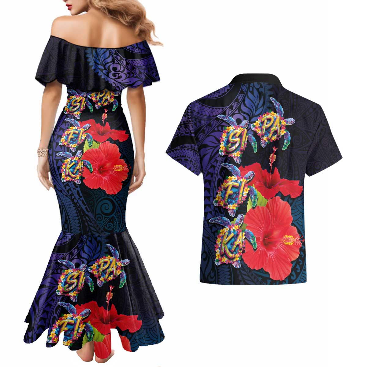 Pasifika Festival Couples Matching Mermaid Dress and Hawaiian Shirt Plumeria Turtles with Hibiscus - Polynesian Art Tattoo Dark Navy Color LT03 - Polynesian Pride