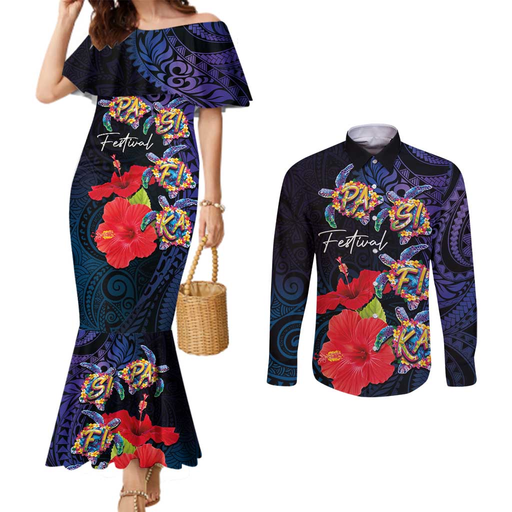 Pasifika Festival Couples Matching Mermaid Dress and Long Sleeve Button Shirt Plumeria Turtles with Hibiscus - Polynesian Art Tattoo Dark Navy Color