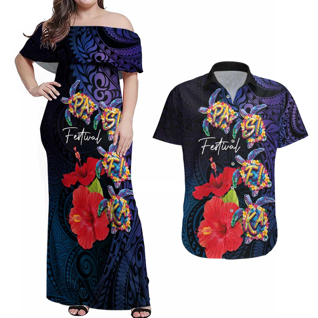 Pasifika Festival Couples Matching Off Shoulder Maxi Dress and Hawaiian Shirt Plumeria Turtles with Hibiscus - Polynesian Art Tattoo Dark Navy Color LT03 Dark Navy - Polynesian Pride